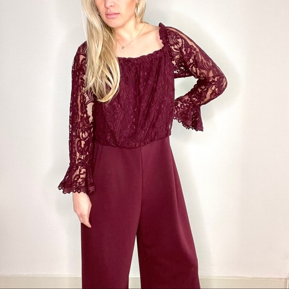 Adrianna Papell Burgundy Lace Long Sleeve Jumpsuit - Picture 4 of 13